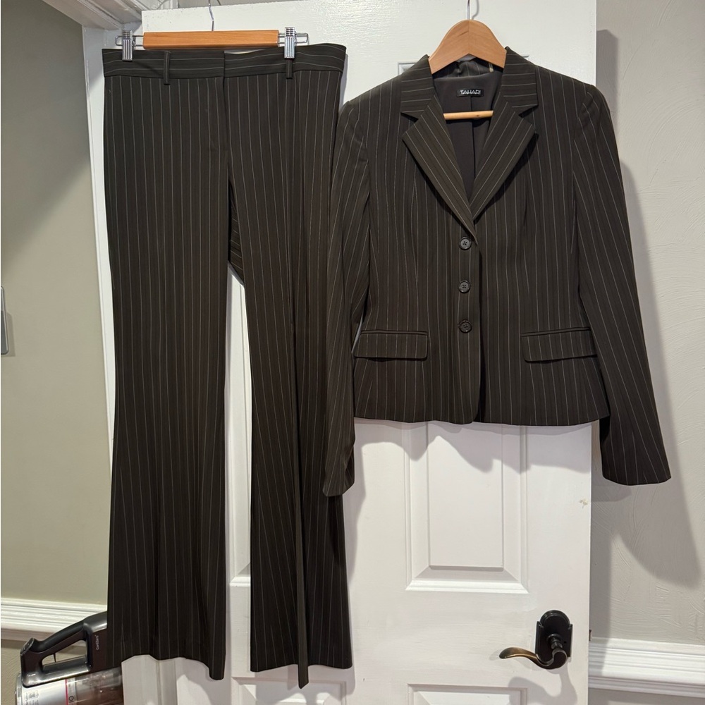 Tahari Black Pinstripe Pantsuit